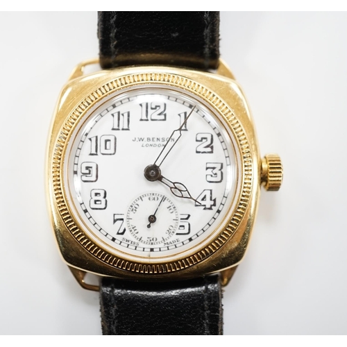 1925 - A gentleman's yellow metal J.W. Benson manual wrist watch, with Arabic dial and subsidiary seconds, ... 