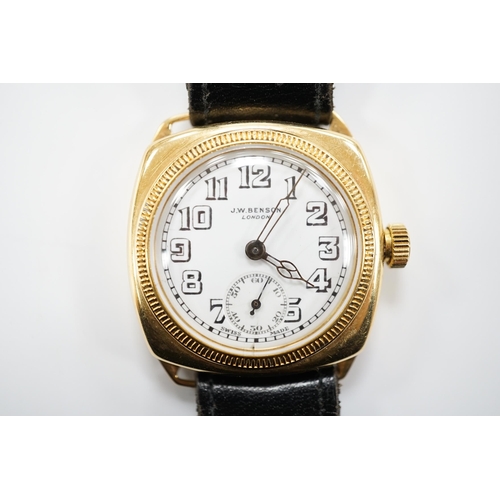 1925 - A gentleman's yellow metal J.W. Benson manual wrist watch, with Arabic dial and subsidiary seconds, ... 