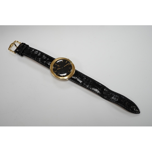 1941 - A gentleman's 9ct gold black dial manual wind wrist watch, with Omega box.