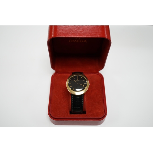 1941 - A gentleman's 9ct gold black dial manual wind wrist watch, with Omega box.