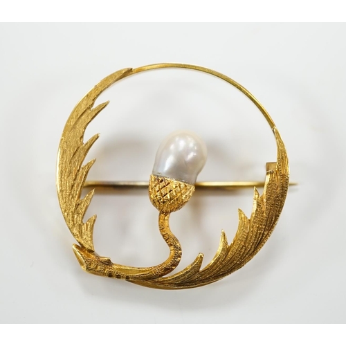 1943 - A late Victorian 15ct and baroque pearl set open work thistle brooch, 34mm, gross weight 6.1 grams.... 