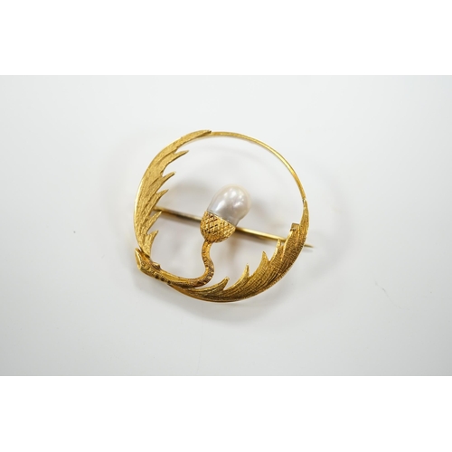 1943 - A late Victorian 15ct and baroque pearl set open work thistle brooch, 34mm, gross weight 6.1 grams.... 