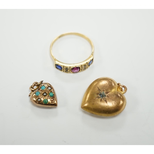 1945 - Two late Victorian 9ct and gem set heart pendants and an 18ct and gem set ring.