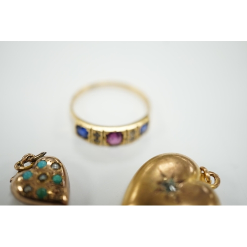 1945 - Two late Victorian 9ct and gem set heart pendants and an 18ct and gem set ring.