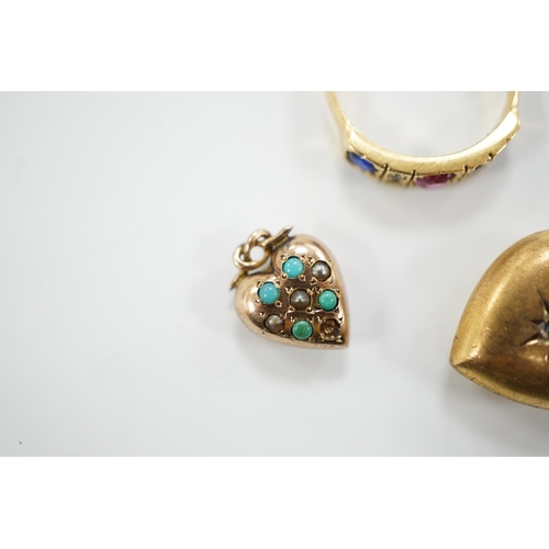 1945 - Two late Victorian 9ct and gem set heart pendants and an 18ct and gem set ring.