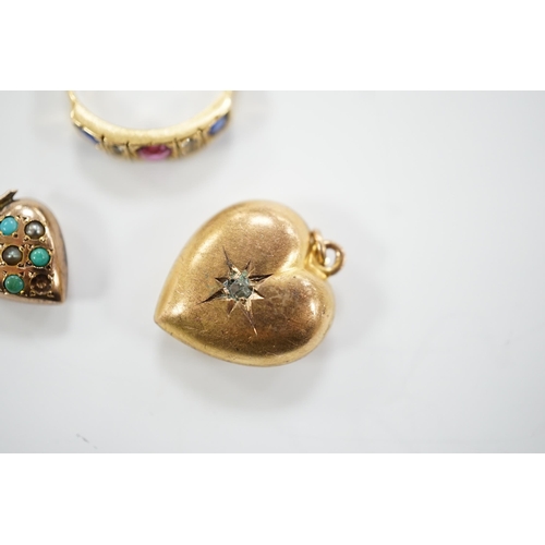 1945 - Two late Victorian 9ct and gem set heart pendants and an 18ct and gem set ring.