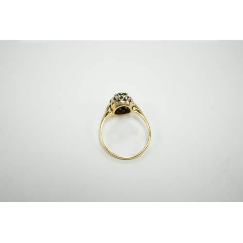 1946 - A modern 18ct gold, green tourmaline and diamond set oval cluster ring, size O/P, gross weight 3.5 g... 