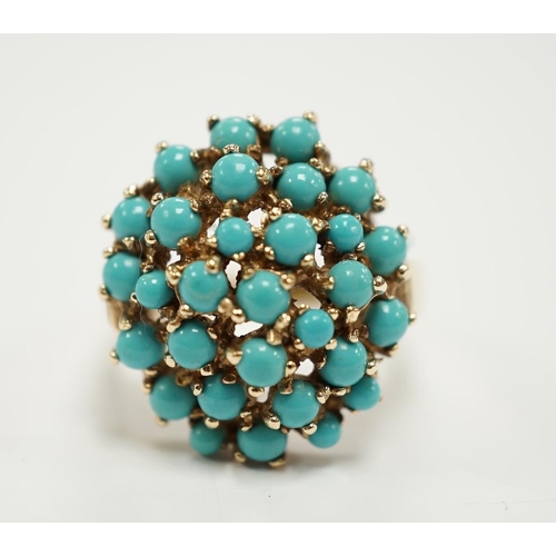 1949 - A 9ct gold and turquoise bead cluster set dress ring, size S, gross weight 6.3 grams.