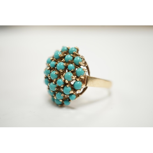 1949 - A 9ct gold and turquoise bead cluster set dress ring, size S, gross weight 6.3 grams.