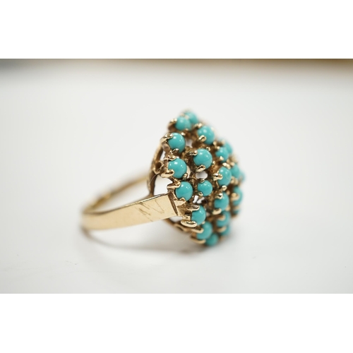 1949 - A 9ct gold and turquoise bead cluster set dress ring, size S, gross weight 6.3 grams.