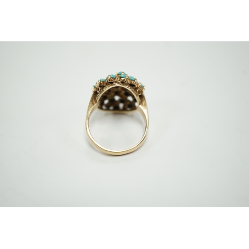 1949 - A 9ct gold and turquoise bead cluster set dress ring, size S, gross weight 6.3 grams.