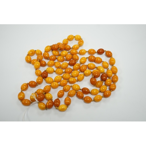 1952 - A long single strand oval amber bead necklace, 156cm, gross weight 89 grams.