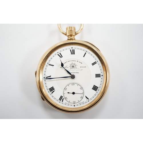 1958 - A 9ct gold open face pocket watch by Thomas Russell & Sons of Liverpool, with Roman dial, gross weig... 