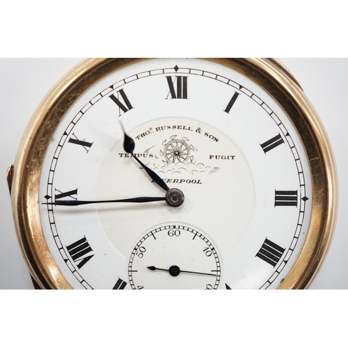 1958 - A 9ct gold open face pocket watch by Thomas Russell & Sons of Liverpool, with Roman dial, gross weig... 