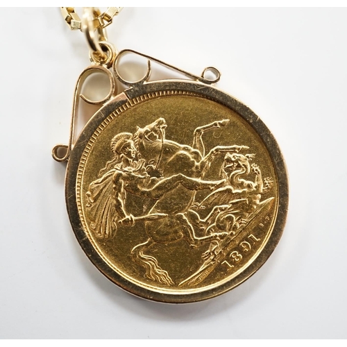 1962 - A Victoria 1891 gold sovereign, now in a modern 9ct gold pendant mount, on a yellow metal box link c... 