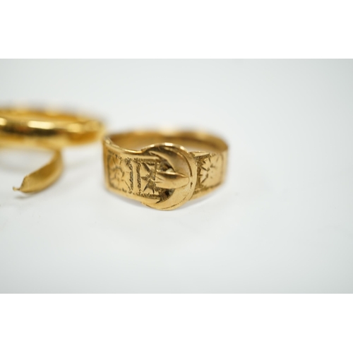 1964 - Two 22ct gold wedding bands (one cut), 5.8 grams and an 18ct gold buckle ring, 2.9 grams.