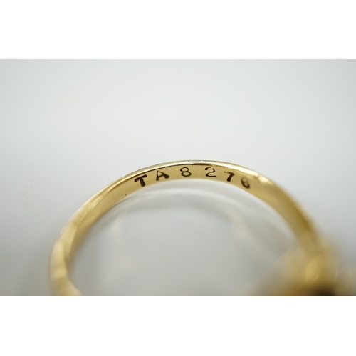 1966 - A modern 18ct gold and graduated seven stone diamond set half hoop ring, size O and a similar solita... 