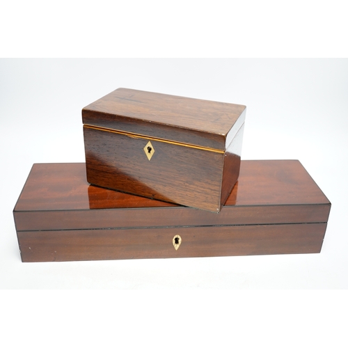 1276 - A 19th century mahogany glove box, three pairs of kid leather gloves and a rosewood tea caddy with b... 