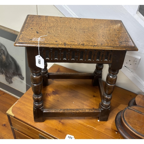 180 - A 17th century style rectangular oak joint stool, width 44cm, depth 25cm, height 44cm