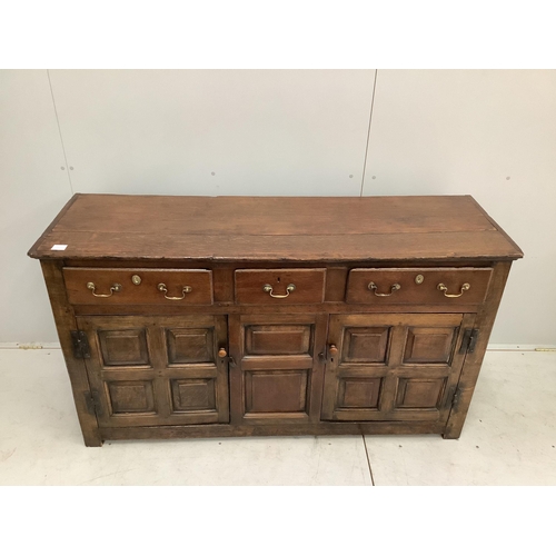 201 - An 18th century oak low dresser, width 155cm, depth 48cm, height 86cm.