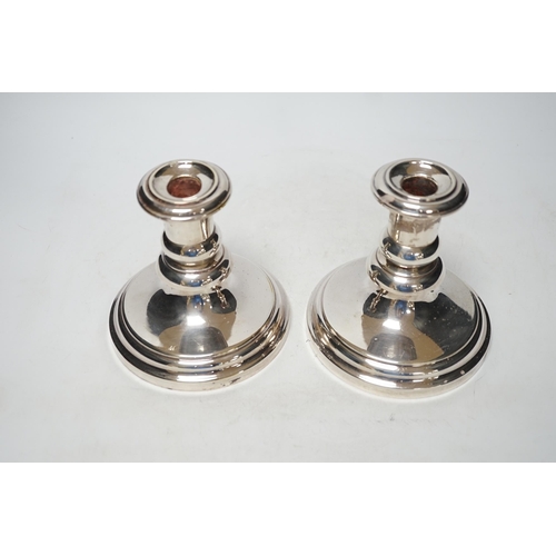 252 - A pair of French Christofle silver plated dwarf candlesticks, 14cm