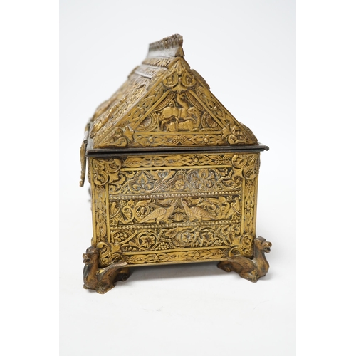 253 - A late 19th century French Gothic revival embossed brass casket, 23cm