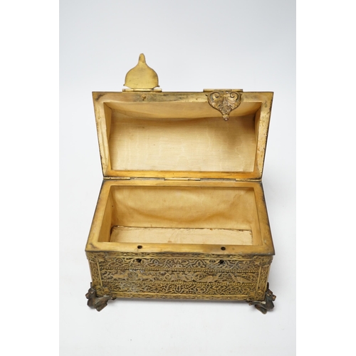 253 - A late 19th century French Gothic revival embossed brass casket, 23cm