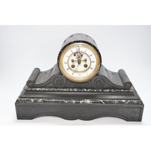 254 - A Victorian slate mantel clock with visible Brocot escapement, pendulum, 40cm wide