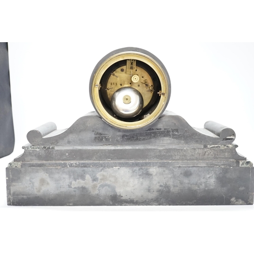 254 - A Victorian slate mantel clock with visible Brocot escapement, pendulum, 40cm wide