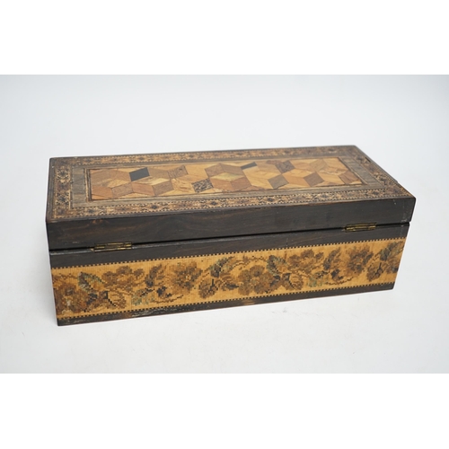 258 - A Thomas Barton Tunbridge ware specimen perspective cube Marquetry and tesserae Mosaic glove box, la... 