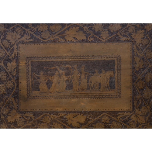 259 - A 19th century Pyrography panel, depicting a classical procession of figures and floral border, 34 x... 