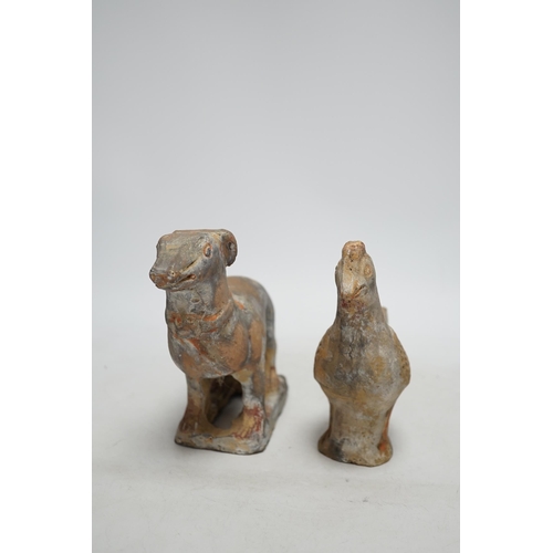 260 - Two Chinese pigment painted figures of a cockerel and a dog, Han dynasty or later, 17cm