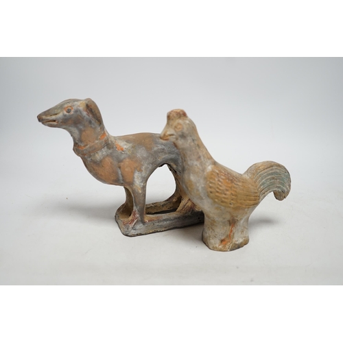 260 - Two Chinese pigment painted figures of a cockerel and a dog, Han dynasty or later, 17cm