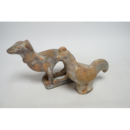 260 - Two Chinese pigment painted figures of a cockerel and a dog, Han dynasty or later, 17cm