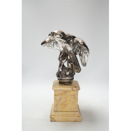 273 - A silvered bronze falcon and serpent group, on marble pedestal, 37cm