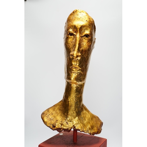 277 - Simon Toone (b.1967), a gilt plaster model of a gentlemans head on wooden stand, 57cm total