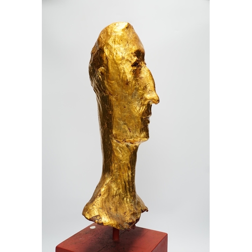 277 - Simon Toone (b.1967), a gilt plaster model of a gentlemans head on wooden stand, 57cm total