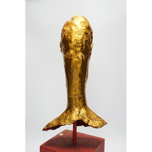 277 - Simon Toone (b.1967), a gilt plaster model of a gentlemans head on wooden stand, 57cm total