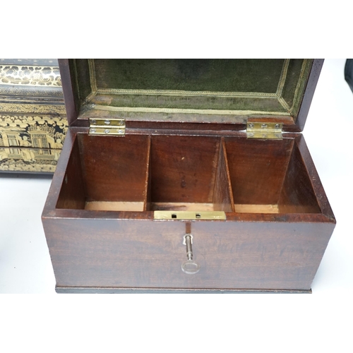 286 - A mid 19th century Chinese export gilt decorated black lacquer work box and a George III mahogany te... 