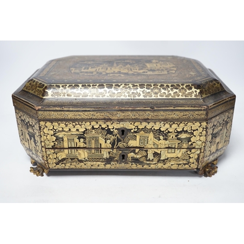 286 - A mid 19th century Chinese export gilt decorated black lacquer work box and a George III mahogany te... 