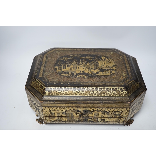 286 - A mid 19th century Chinese export gilt decorated black lacquer work box and a George III mahogany te... 