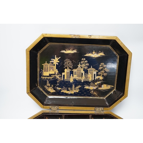 286 - A mid 19th century Chinese export gilt decorated black lacquer work box and a George III mahogany te... 