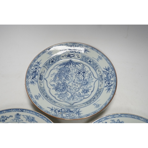 288 - Three Chinese blue and white plates, Yongzheng-Qianlong, 23cm diameter