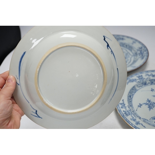 288 - Three Chinese blue and white plates, Yongzheng-Qianlong, 23cm diameter