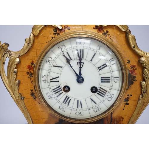 291 - A late 19th century French Vernis Martin ormolu mounted clock with key and pendulum and a pair of br... 