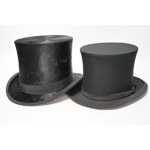 293 - A brown leather top hat case together with a black silk collapsible top hat/opera hat and another, c... 