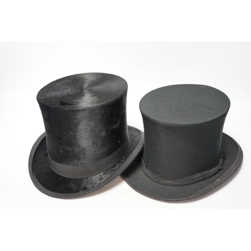 293 - A brown leather top hat case together with a black silk collapsible top hat/opera hat and another, c... 