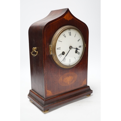 298 - An Edwardian shell inlay mantel clock, with a Philipp Haas and Sons movement striking on a coiled go... 