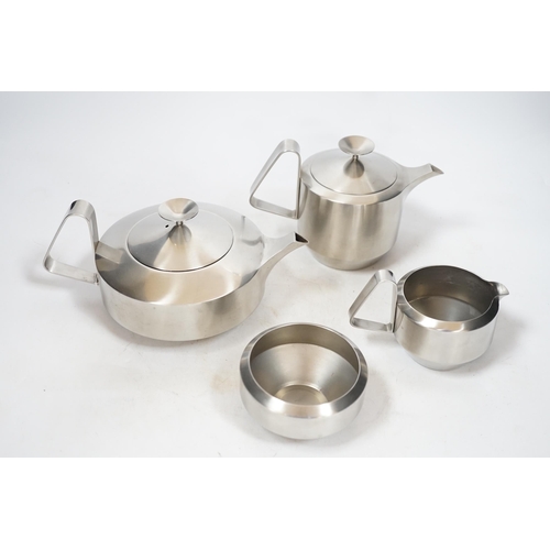 299 - An Old Hall stainless steel four piece tea set, comprising of teapot, 11cm high, water pot, milk jug... 