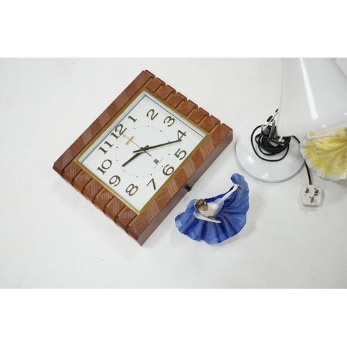 303 - An Art Deco style wall timepiece, an anglepoise lamp and two Doulton figurines